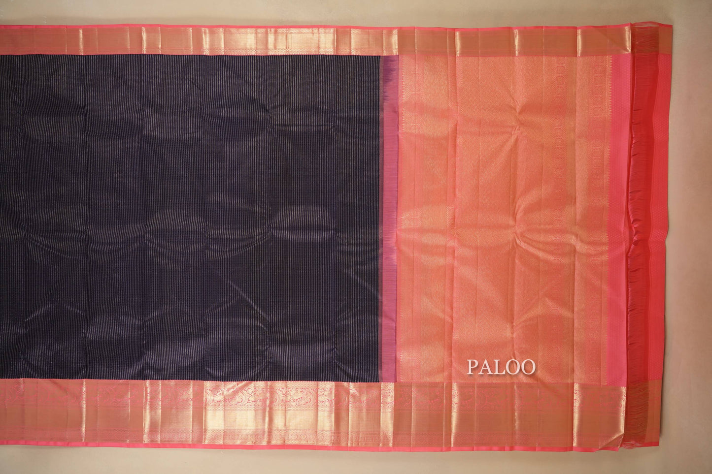 Navy Blue with Peach Borders Kanjivaram Silk Saree by Shreenivas Silks PSSR018080