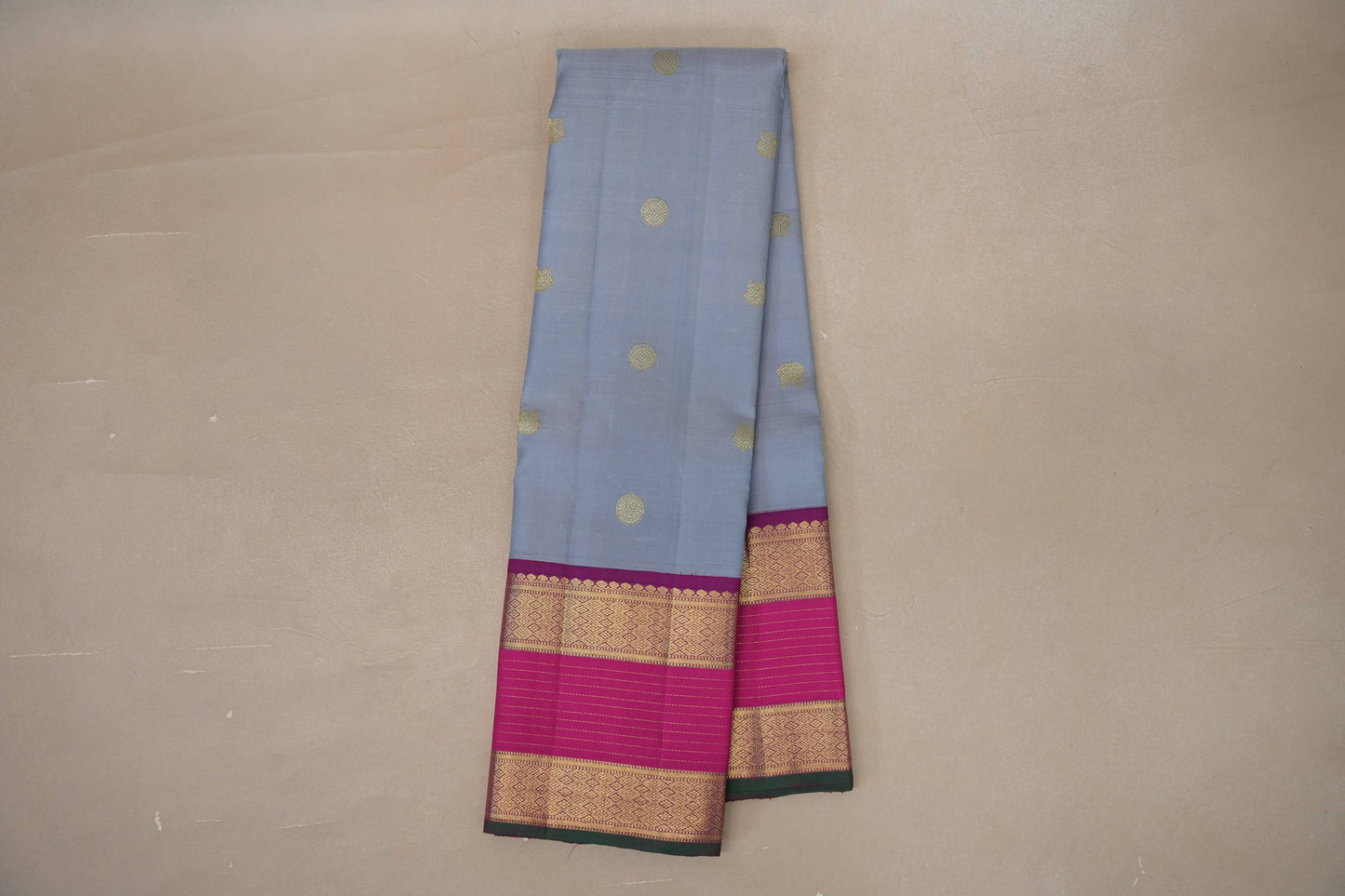 Ash grey with Bright Rani Pink borders Vintage Kanjivaram Silk Saree by Shreenivas Silks PSSR019100