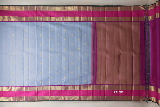 Ash grey with Bright Rani Pink borders Vintage Kanjivaram Silk Saree by Shreenivas Silks PSSR019100