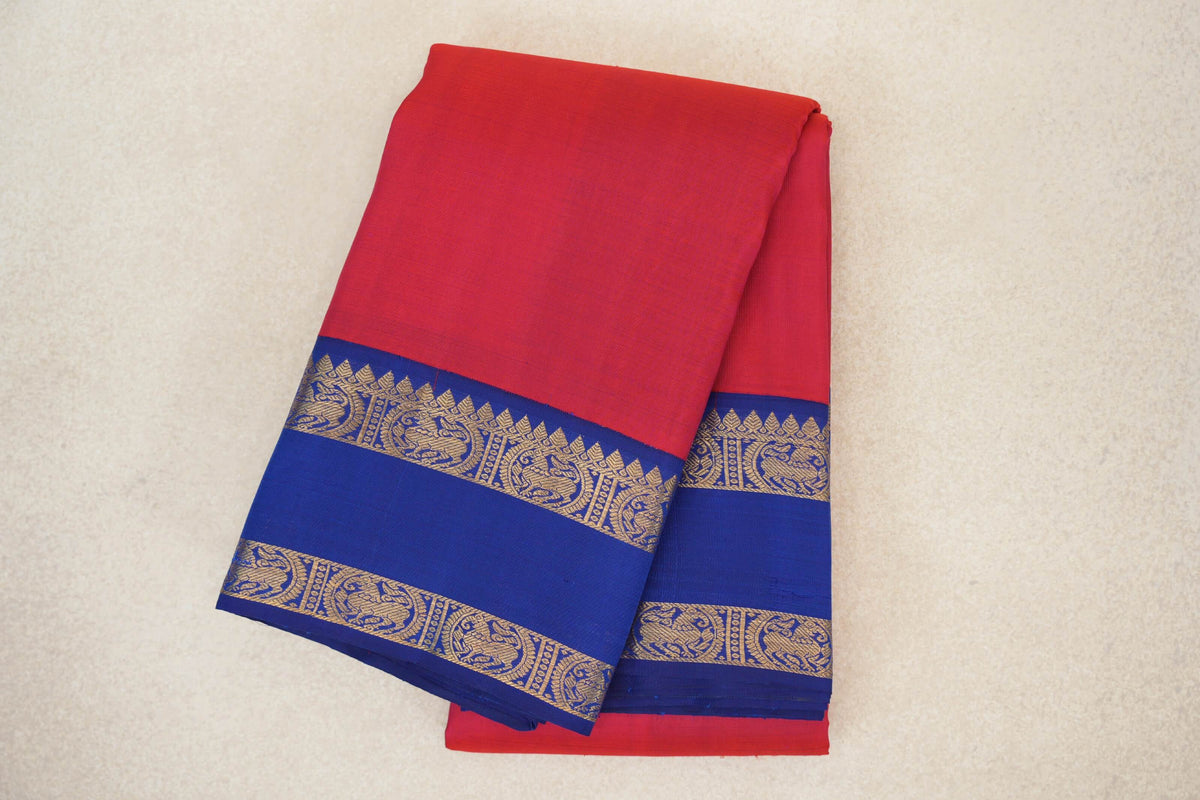 folded Pinkish Red Plant Based Kanjivaram Silk Saree