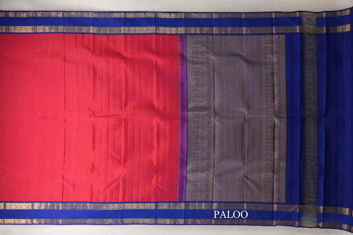 Pinkish Red Plant Based Kanjivaram Silk Saree paloo
