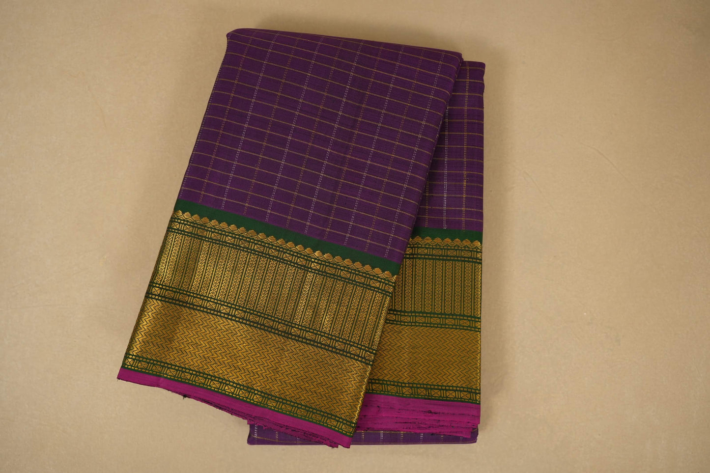 Folded Purple Zari Checks with Selvedge Green Borders Kanjivaram Silk Saree 