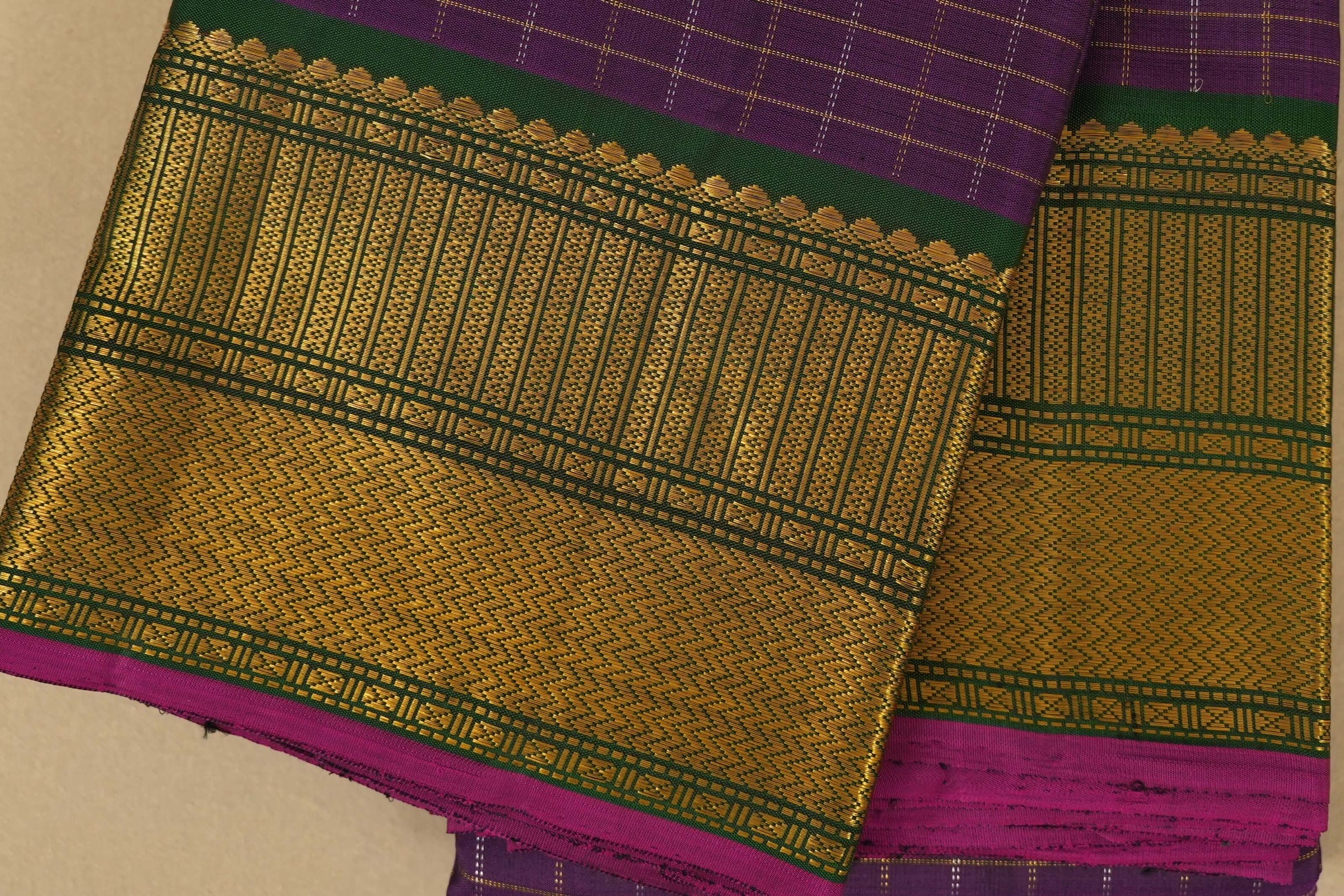 Purple Zari Checks Kanjivaram Silk Saree borders zoom