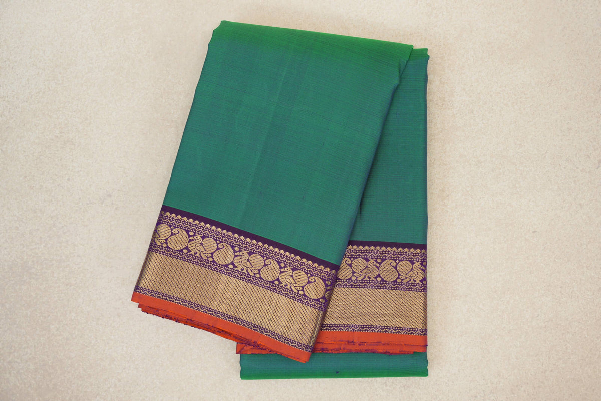 Folded Dual Tone of Blue and Green Vintage Kanjivaram Silk Saree