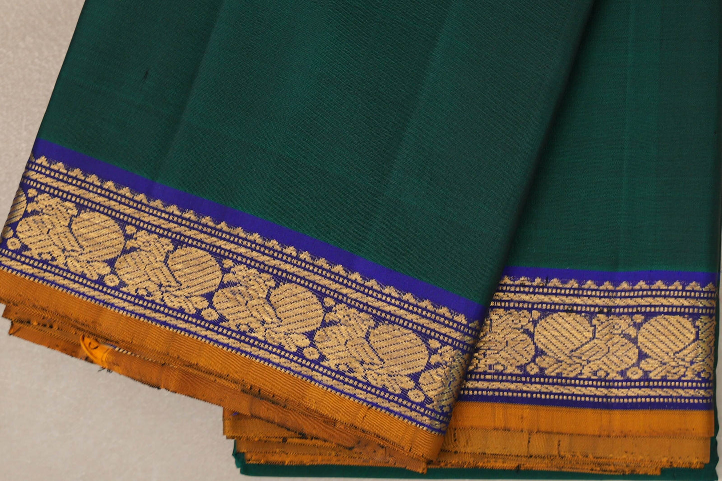 Green with Deep blue with Mustard Orange selvedge Vintage Kanjivaram Silk Saree by Shreenivas Silks PSSR019108