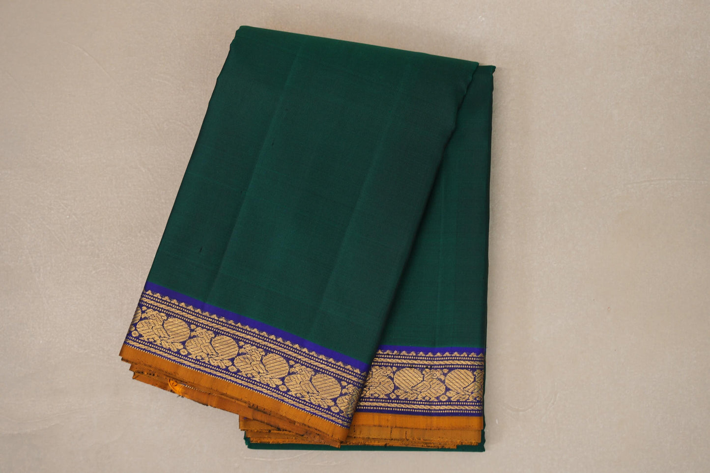 Green with Deep blue with Mustard Orange selvedge Vintage Kanjivaram Silk Saree by Shreenivas Silks PSSR019108
