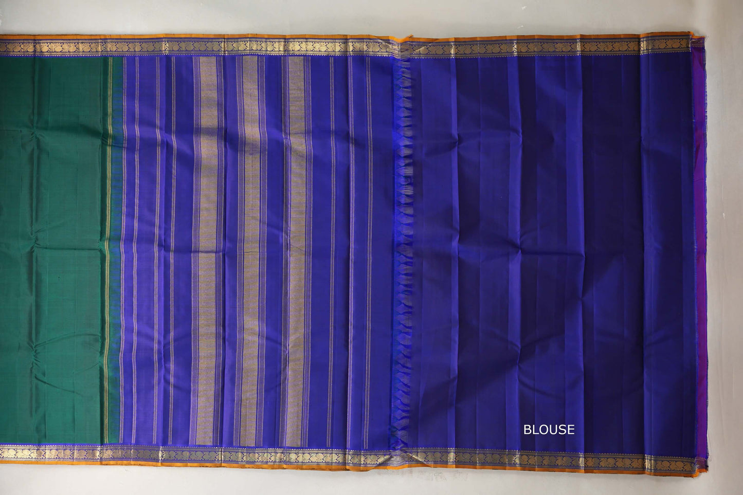 Green with Deep blue with Mustard Orange selvedge Vintage Kanjivaram Silk Saree by Shreenivas Silks PSSR019108