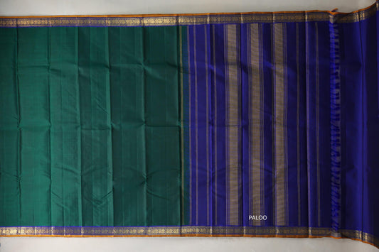 Green with Deep blue with Mustard Orange selvedge Vintage Kanjivaram Silk Saree by Shreenivas Silks PSSR019108