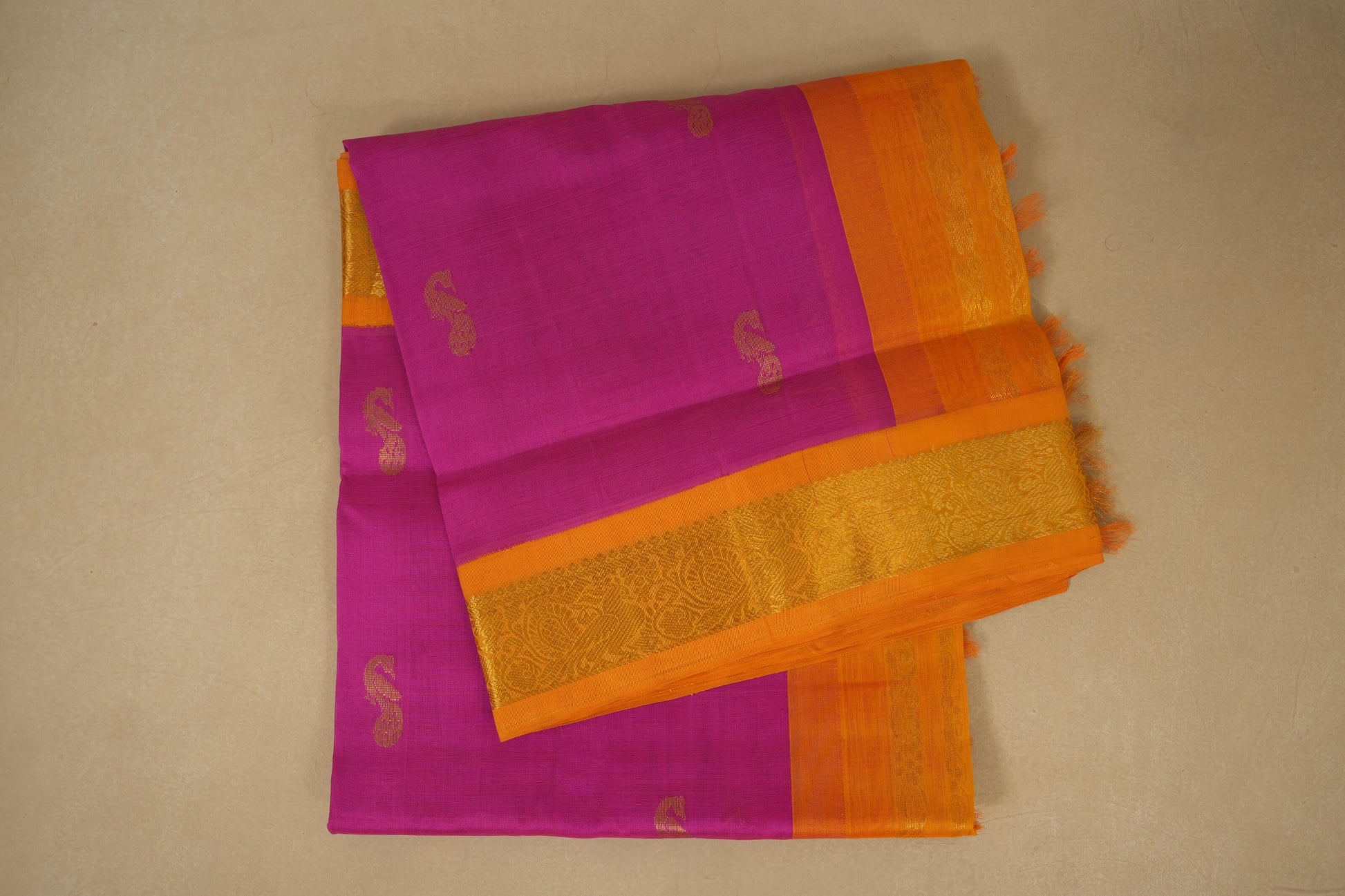 Folded Pink with Mango Yellow Borders Silk Cotton Saree 