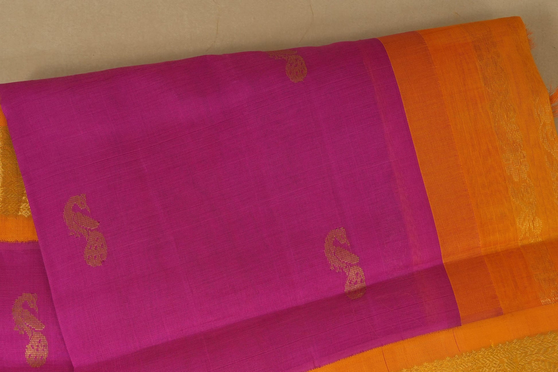 Pink with Mango Yellow Borders Silk Cotton Saree Body