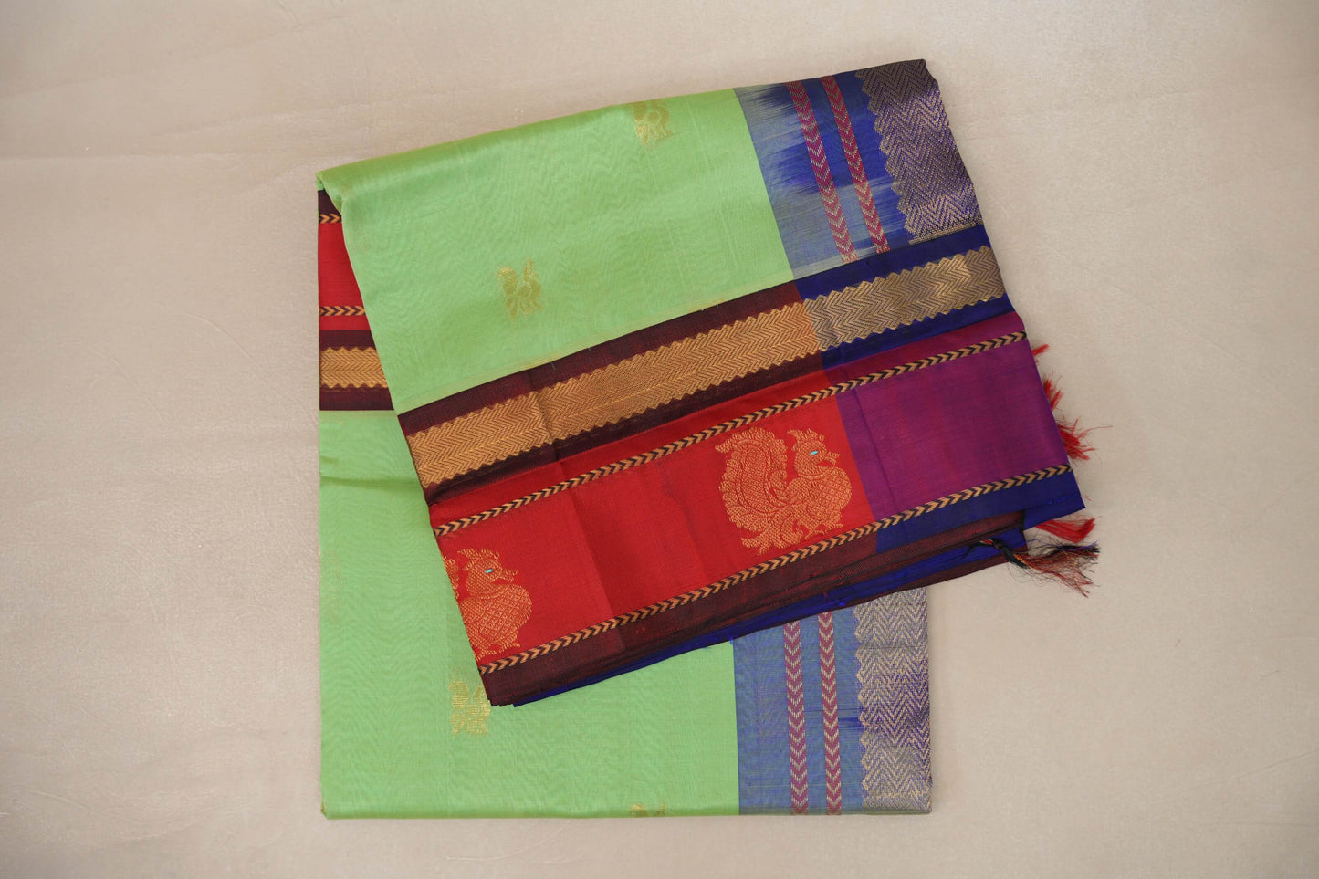 Pastel Green with Bright Red Borders Vintage Silk Cotton Saree by Shreenivas Silks PSSR019116