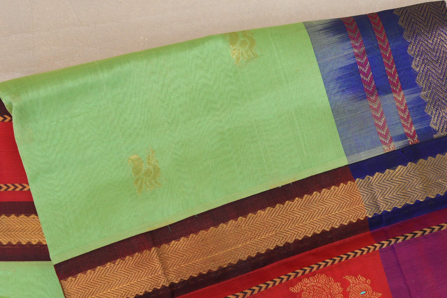Pastel Green with Bright Red Borders Vintage Silk Cotton Saree by Shreenivas Silks PSSR019116