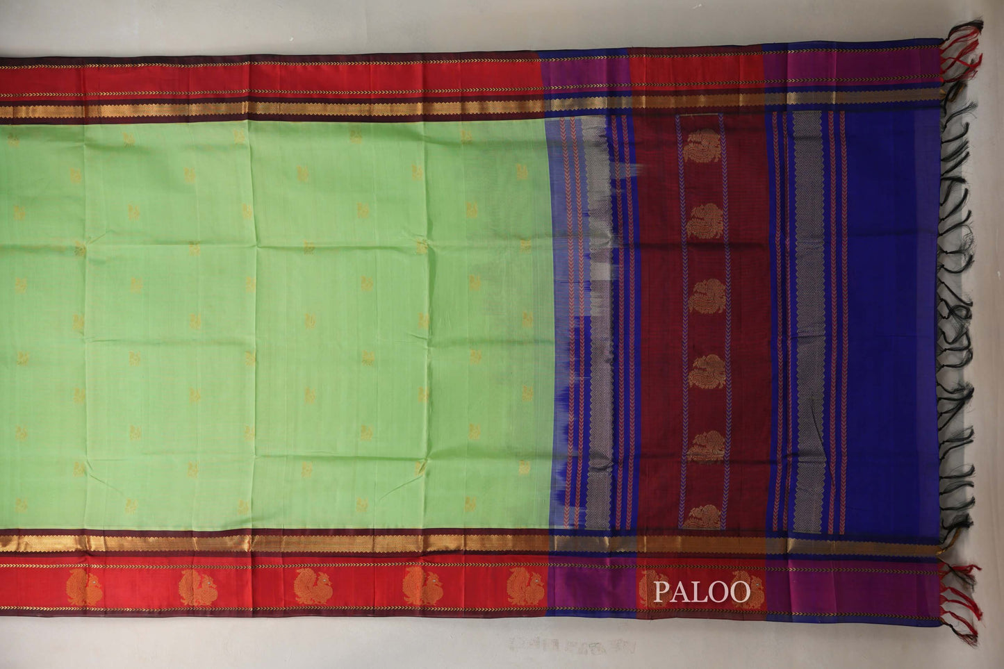 Pastel Green with Bright Red Borders Vintage Silk Cotton Saree by Shreenivas Silks PSSR019116