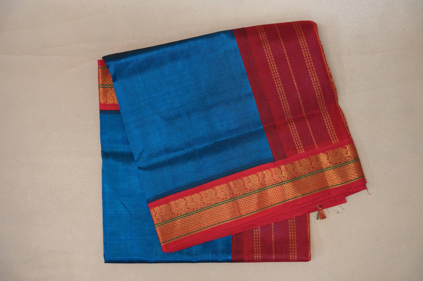 Sapphire Blue with Bright Reddish Pink Borders Vintage Silk Cotton Saree by Shreenivas Silks PSSR019117