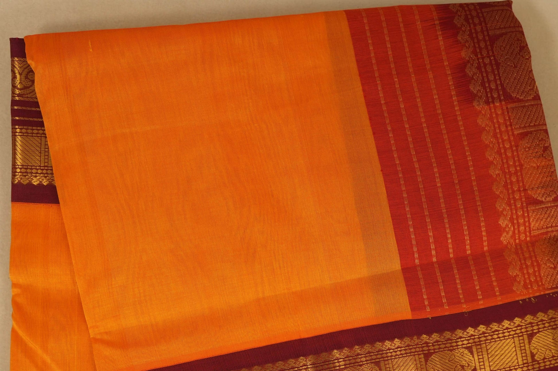 Orange with Dark Maroon Borders Silk Cotton Saree  body