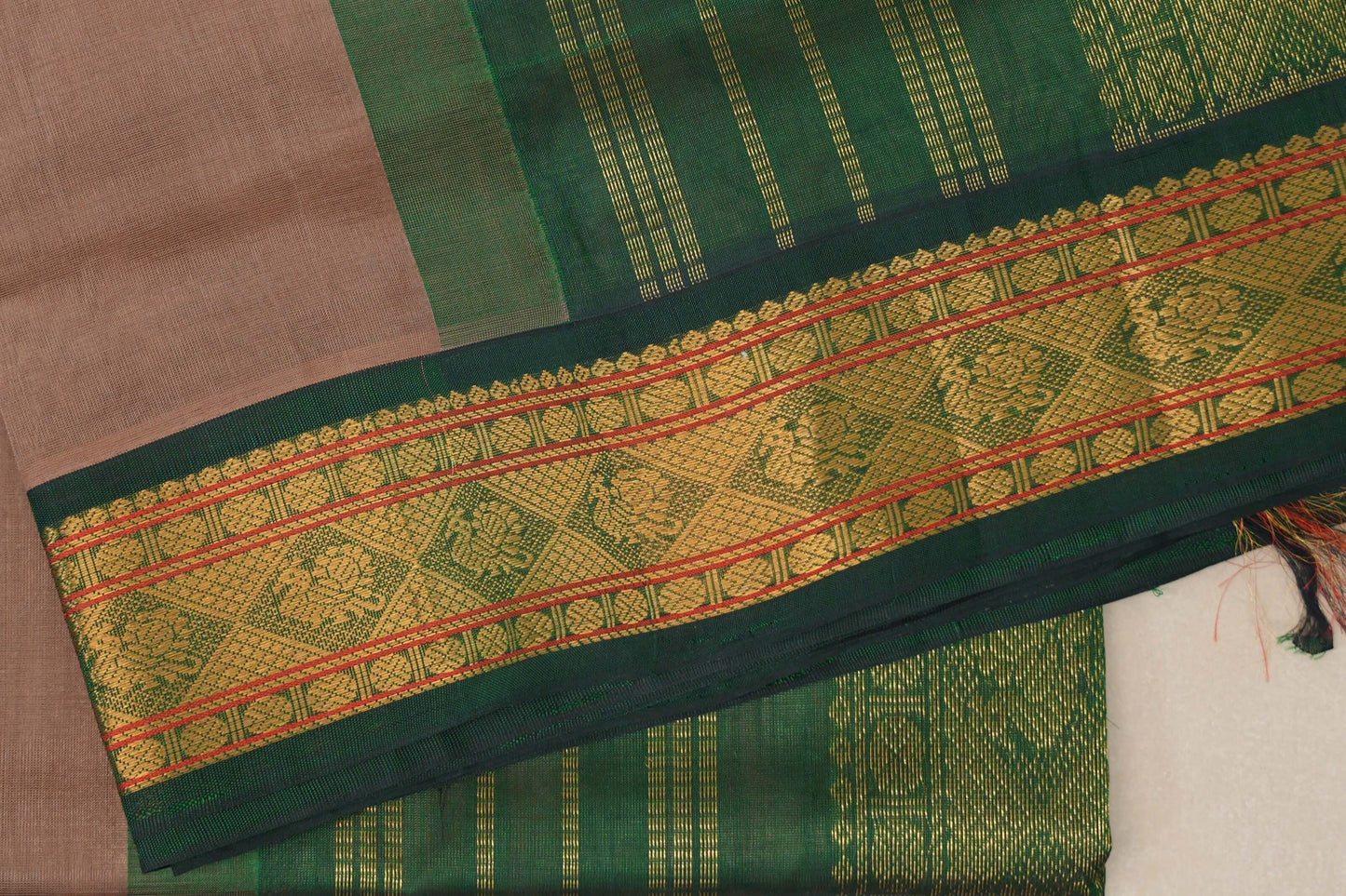 Dark Beige with Dark Green Borders Vintage Silk Cotton Saree by Shreenivas Silks PSSR019118