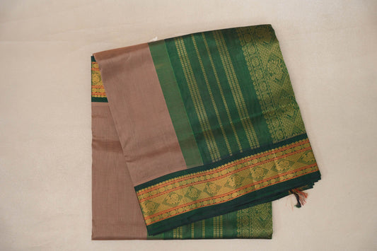 Dark Beige with Dark Green Borders Vintage Silk Cotton Saree by Shreenivas Silks PSSR019118 - Parisera