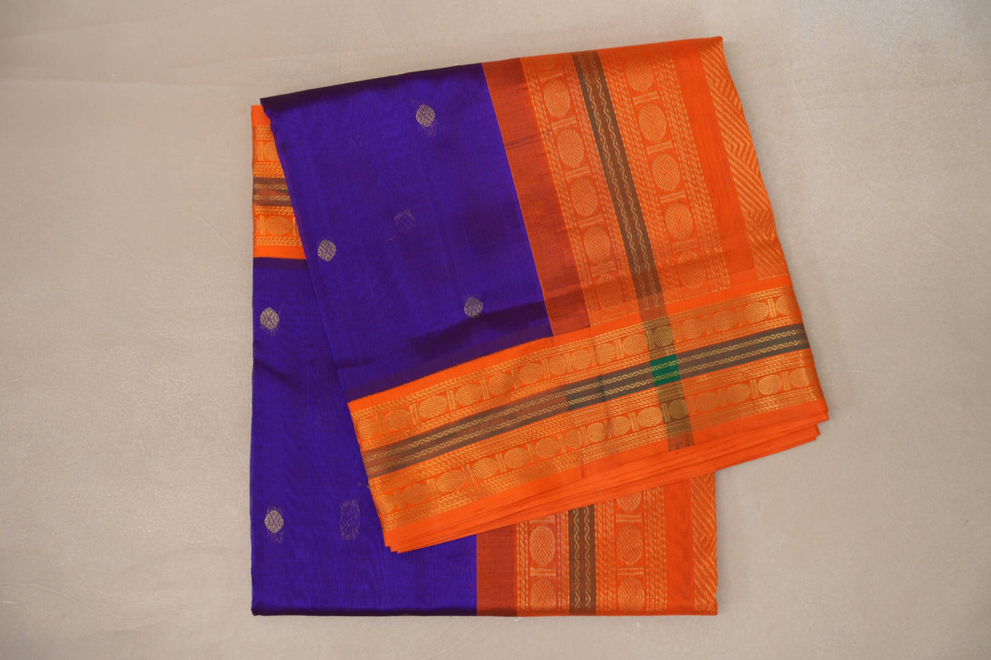 Indigo Violet with Bright Orange Borders Vintage Silk Cotton Saree by Shreenivas Silks PSSR019119