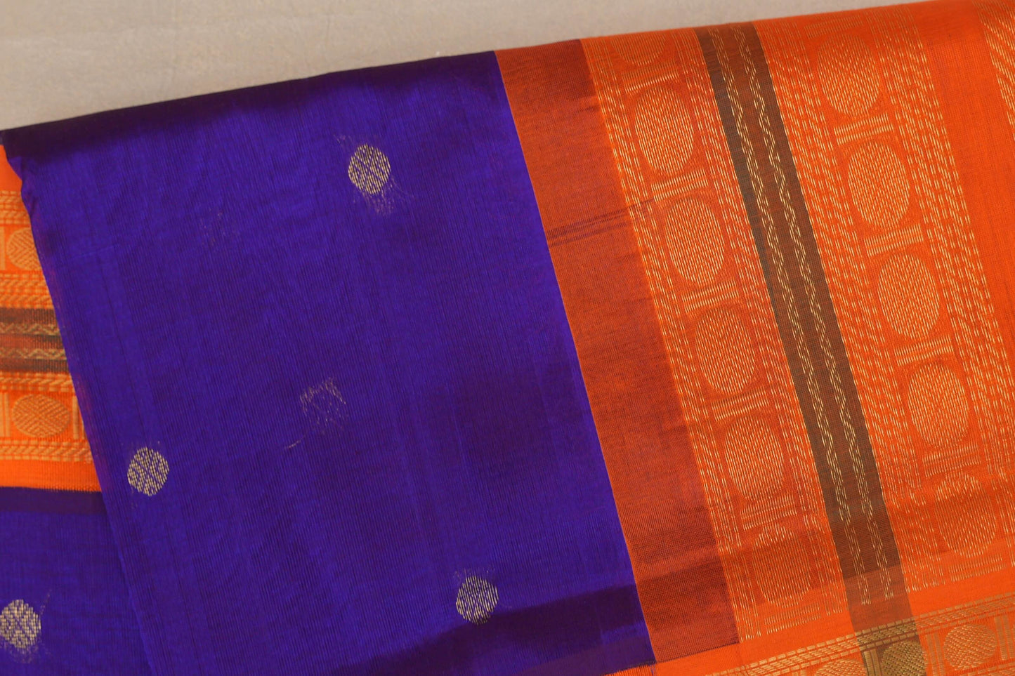Indigo Violet with Bright Orange Borders Vintage Silk Cotton Saree by Shreenivas Silks PSSR019119