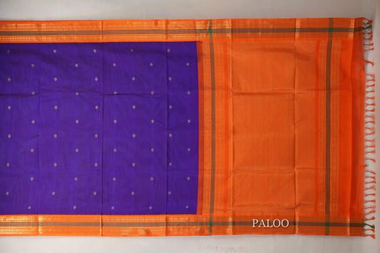 Indigo Violet with Bright Orange Borders Vintage Silk Cotton Saree by Shreenivas Silks PSSR019119 - Parisera