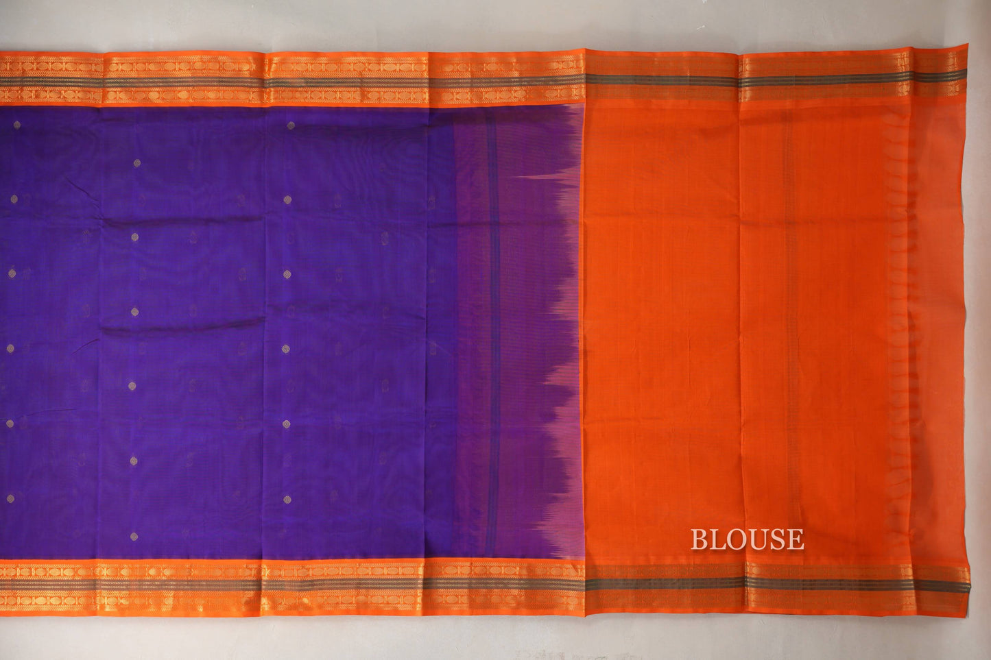Indigo Violet with Bright Orange Borders Vintage Silk Cotton Saree by Shreenivas Silks PSSR019119