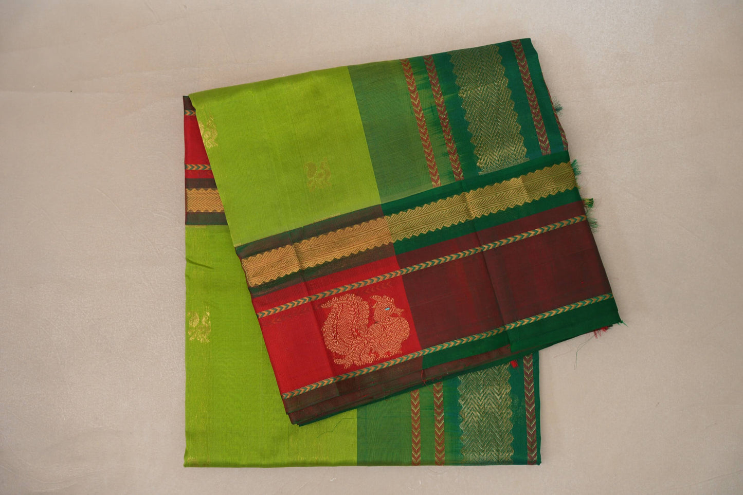 Parrot Green with Bright Red Borders Vintage Silk Cotton Saree by Shreenivas Silks PSSR019120