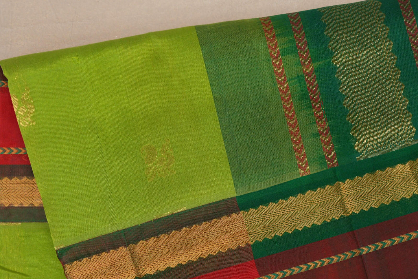 Parrot Green with Bright Red Borders Vintage Silk Cotton Saree by Shreenivas Silks PSSR019120