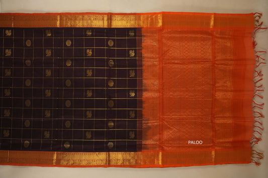 Deep coffee brown and orange saree with gold patterns on a white background,  silk cotton , nine and a half yards saree, with open paloo