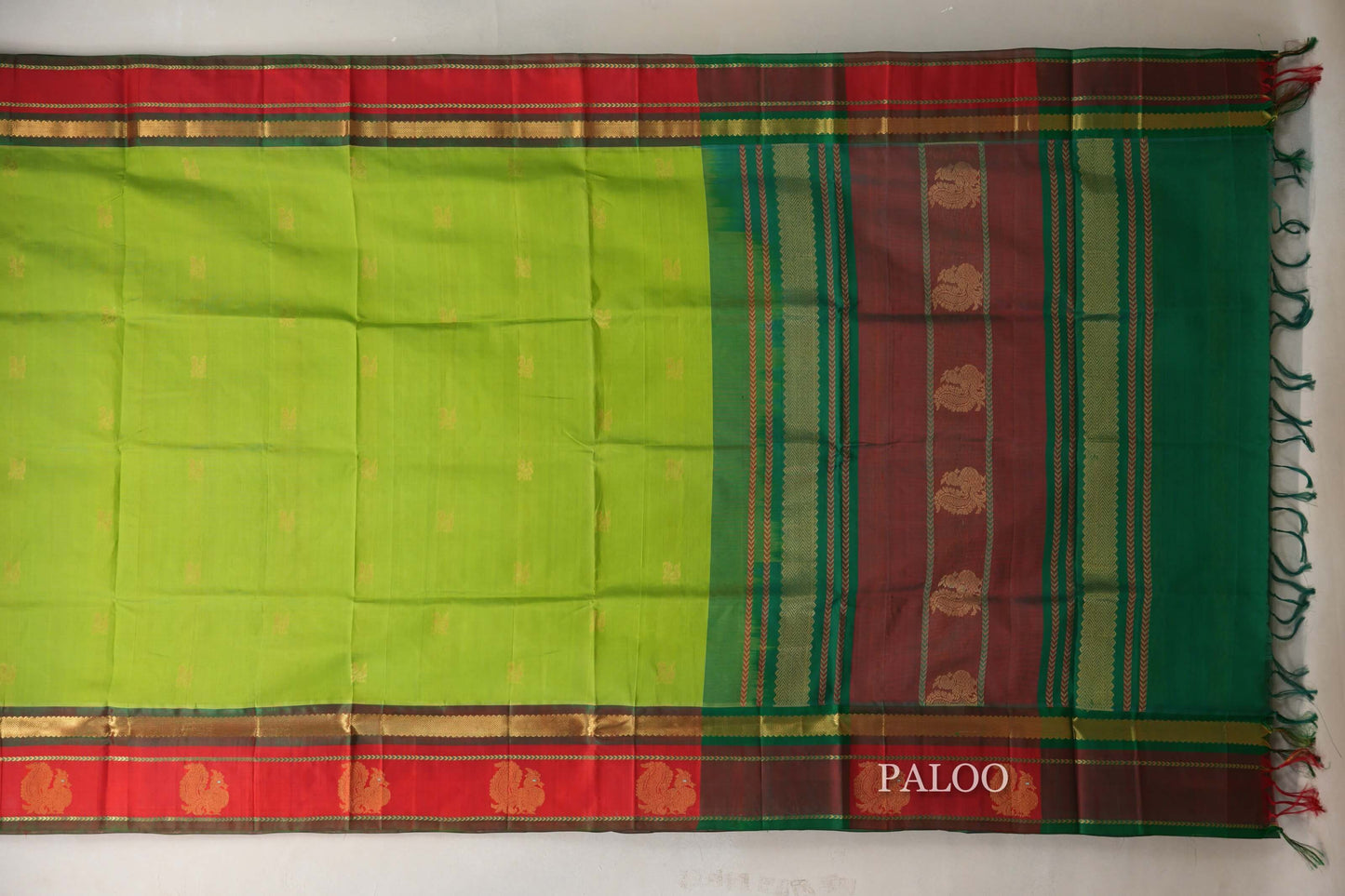 Parrot Green with Bright Red Borders Vintage Silk Cotton Saree by Shreenivas Silks PSSR019120