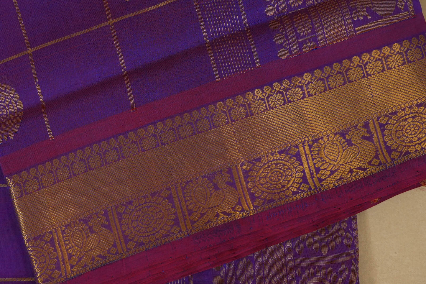Purple and pink saree with gold border,  silk cotton , nine and a half yards saree, close up
