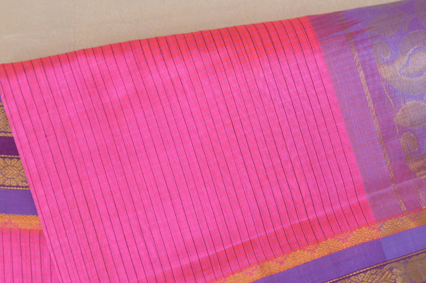 Deep Pink with Lavender Borders Vintage Silk Cotton Saree by Shreenivas Silks PSSR019121