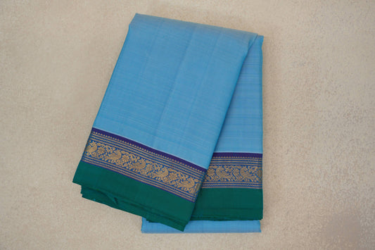 Sky Blue with Dual Tone of Blue and Pink Borders with Peacock Green Selvedge Vintage Kanjivaram Silk Saree by Shreenivas Silks