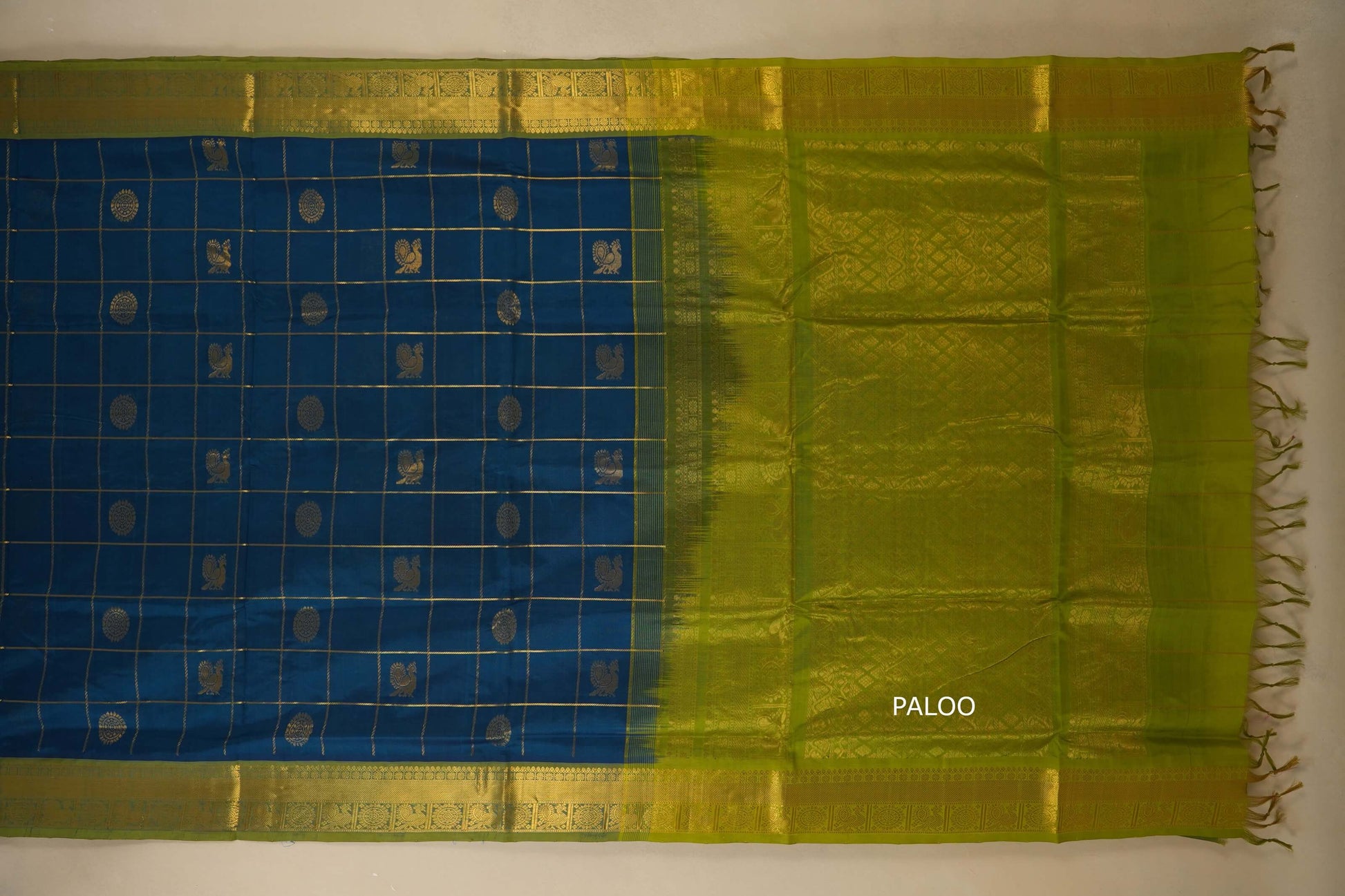 Saree with blue and green pattern on a white background,  silk cotton , nine and a half yards saree, with open paloo