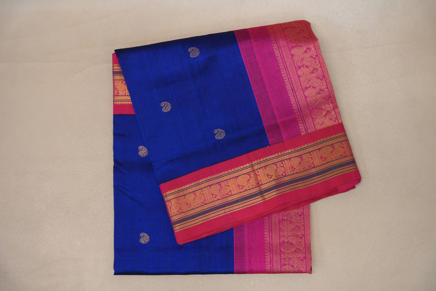 Deep Blue with Bright Pink Borders Vintage Silk Cotton Saree by Shreenivas Silks PSSR019122
