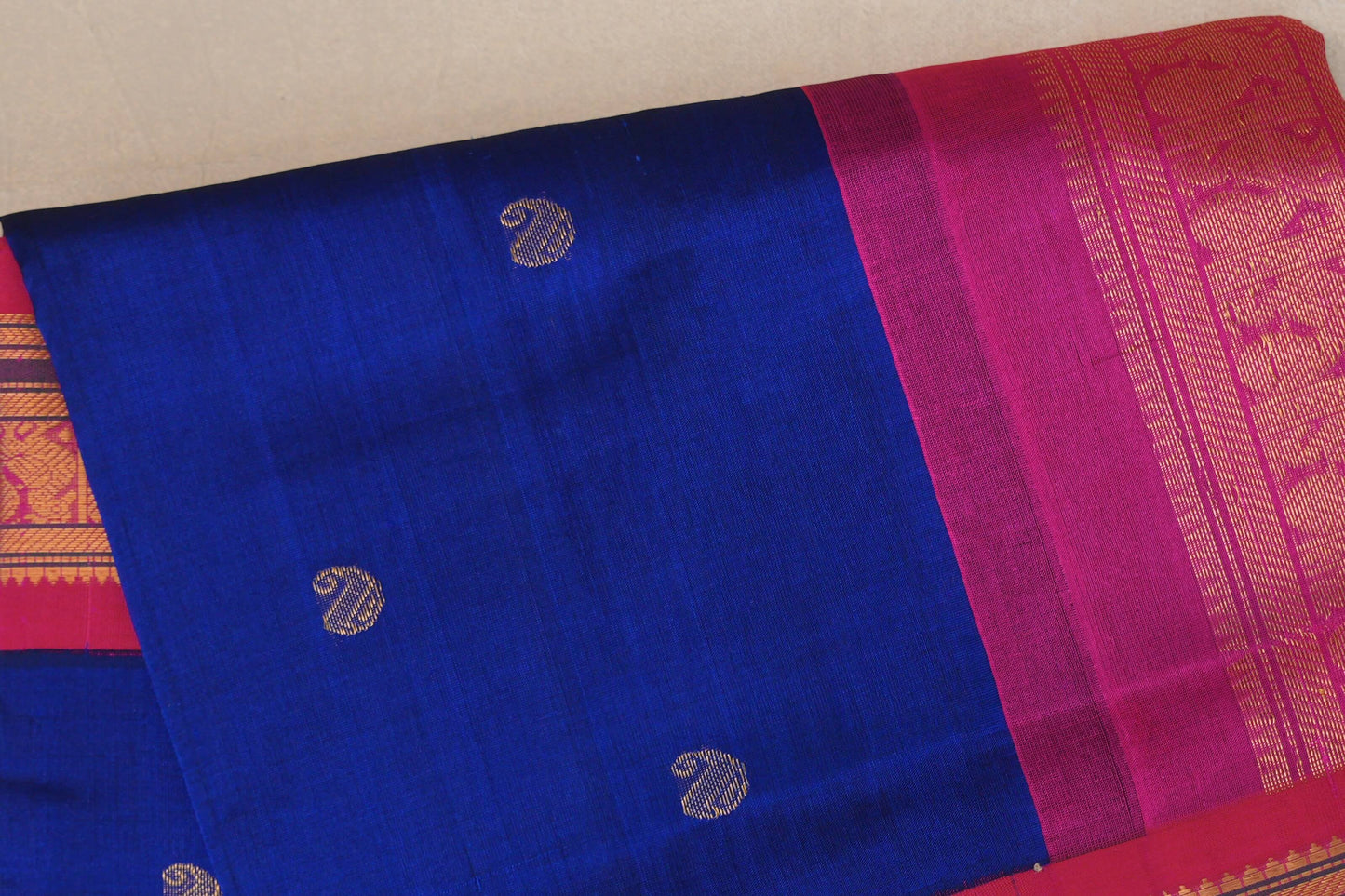 Deep Blue with Bright Pink Borders Vintage Silk Cotton Saree by Shreenivas Silks PSSR019122