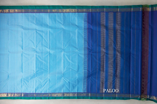 Sky Blue with Dual Tone of Blue and Pink Borders with Peacock Green Selvedge Vintage Kanjivaram Silk Saree by Shreenivas Silks paloo
