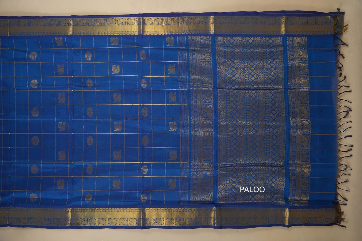 Blue saree with gold patterns  silk cotton , nine and a half yards saree, with open paloo