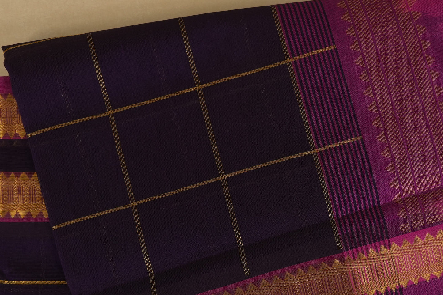 Purple saree with gold checks,  silk cotton , nine and a half yards saree, close up