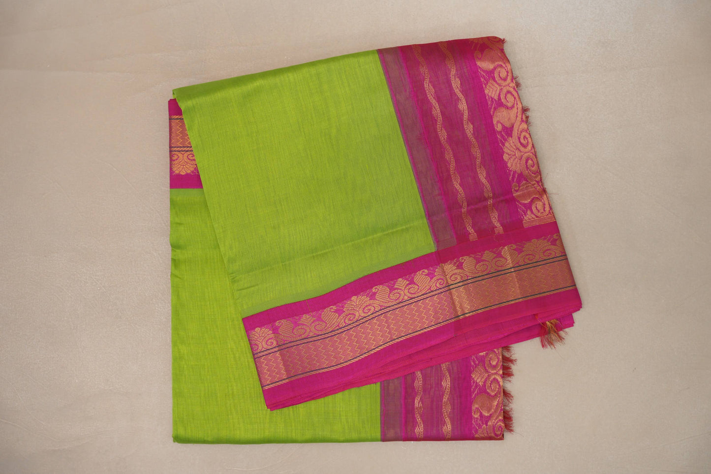 Parrot Green with Bright Pink Borders Vintage Silk Cotton Saree by Shreenivas Silks PSSR019123