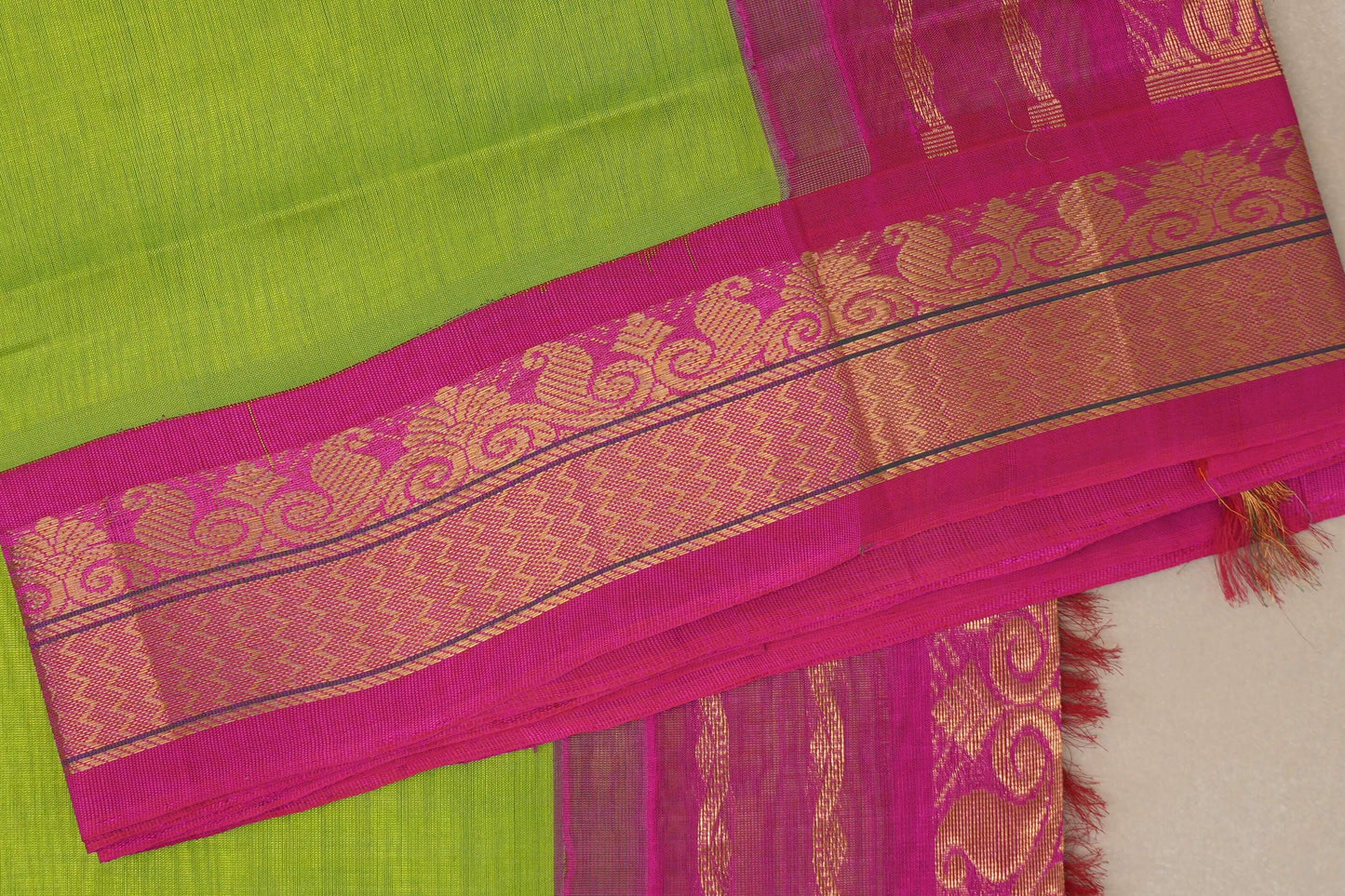 Parrot Green with Bright Pink Borders Vintage Silk Cotton Saree by Shreenivas Silks PSSR019123