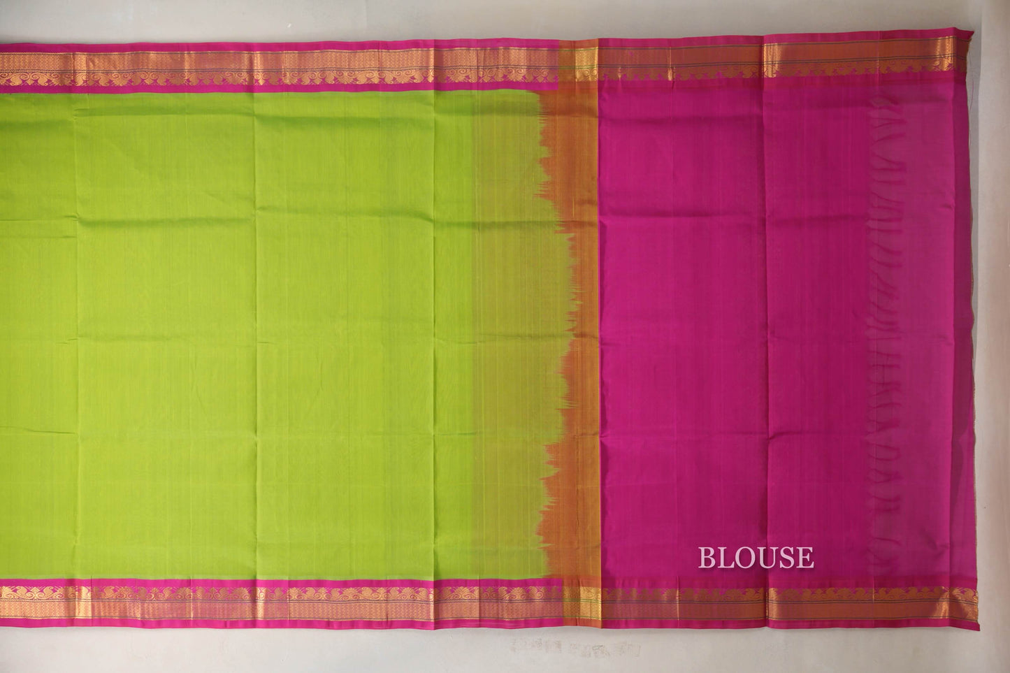 Parrot Green with Bright Pink Borders Vintage Silk Cotton Saree by Shreenivas Silks PSSR019123