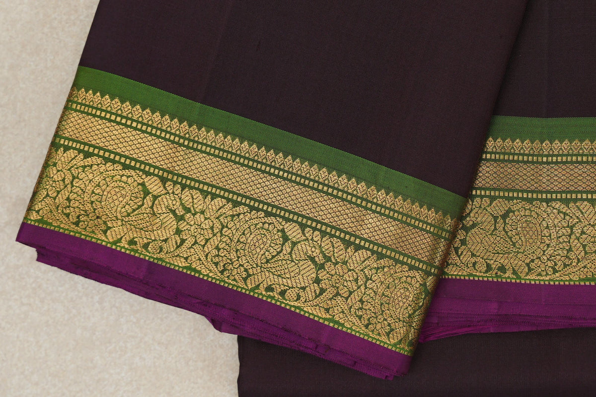 Kanjana Brown with Leaf Green Borders with Deep Magenta Selvedge Vintage Kanjivaram Silk Saree by Shreenivas Silks PSSR0110251