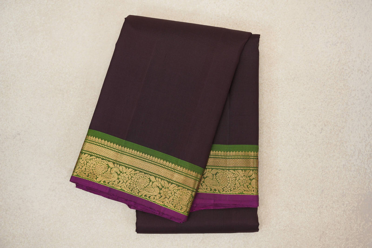 Kanjana Brown with Leaf Green Borders with Deep Magenta Selvedge Vintage Kanjivaram Silk Saree by Shreenivas Silks PSSR0110251