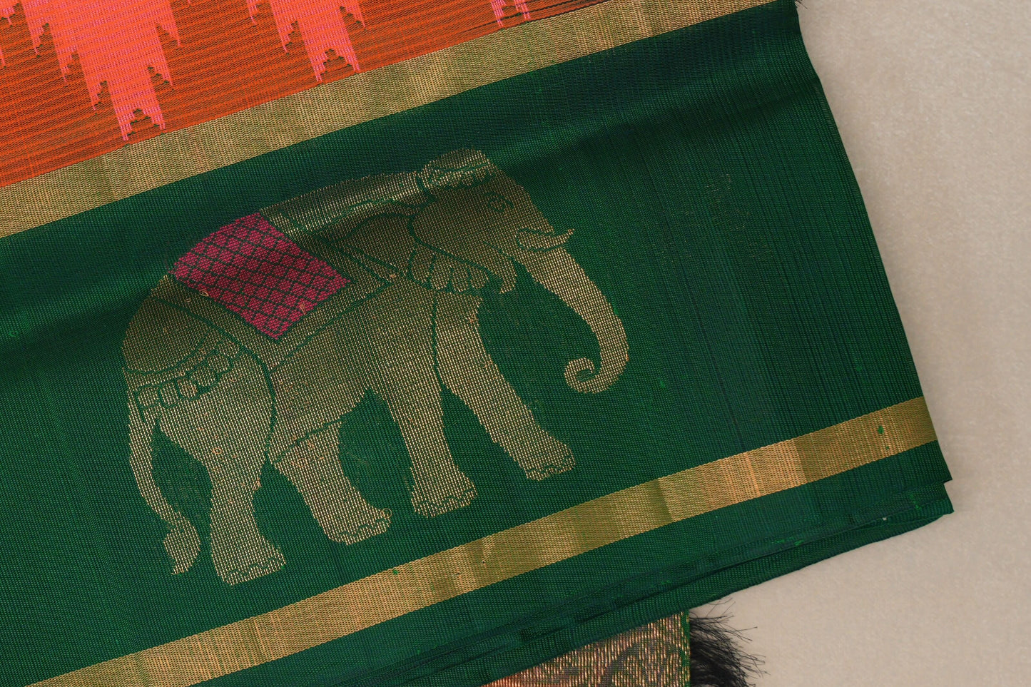 Orangish Pink with Emerald Green Borders Vintage Silk Cotton Saree by Shreenivas Silks PSSR019124
