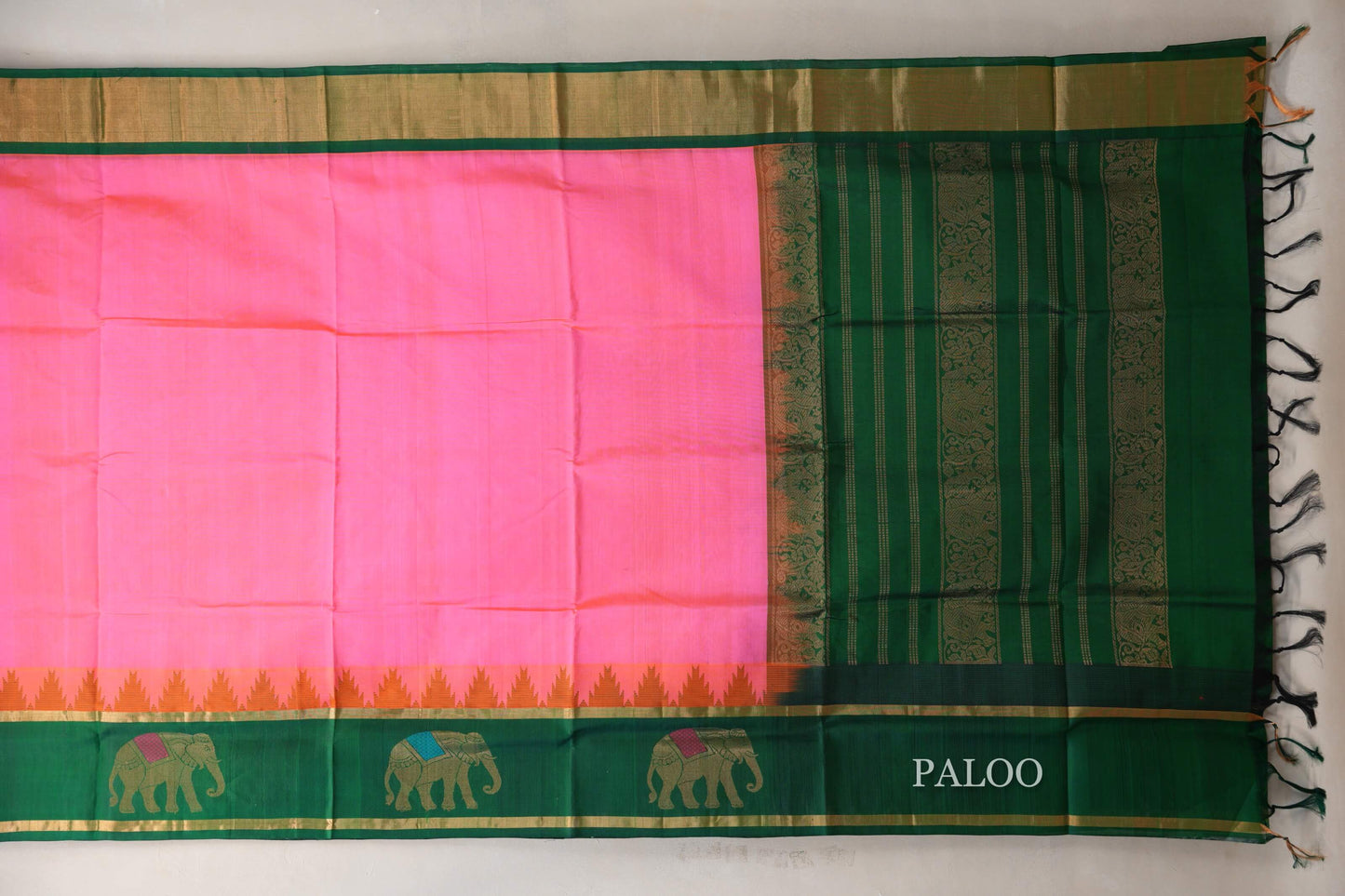 Orangish Pink with Emerald Green Borders Vintage Silk Cotton Saree by Shreenivas Silks PSSR019124