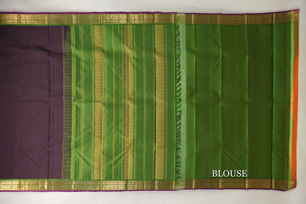 Kanjana Brown with Leaf Green Borders with Deep Magenta Selvedge Vintage Kanjivaram Silk Saree by Shreenivas Silks PSSR0110251