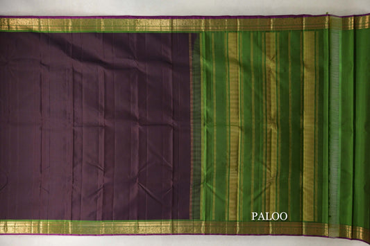 Kanjana Brown with Leaf Green Borders with Deep Magenta Selvedge Vintage Kanjivaram Silk Saree by Shreenivas Silks paloo