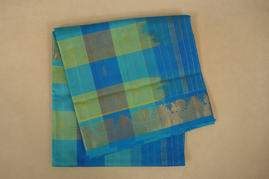 Blue and green checkered saree, silk cotton , nine and a half yards saree , folded
