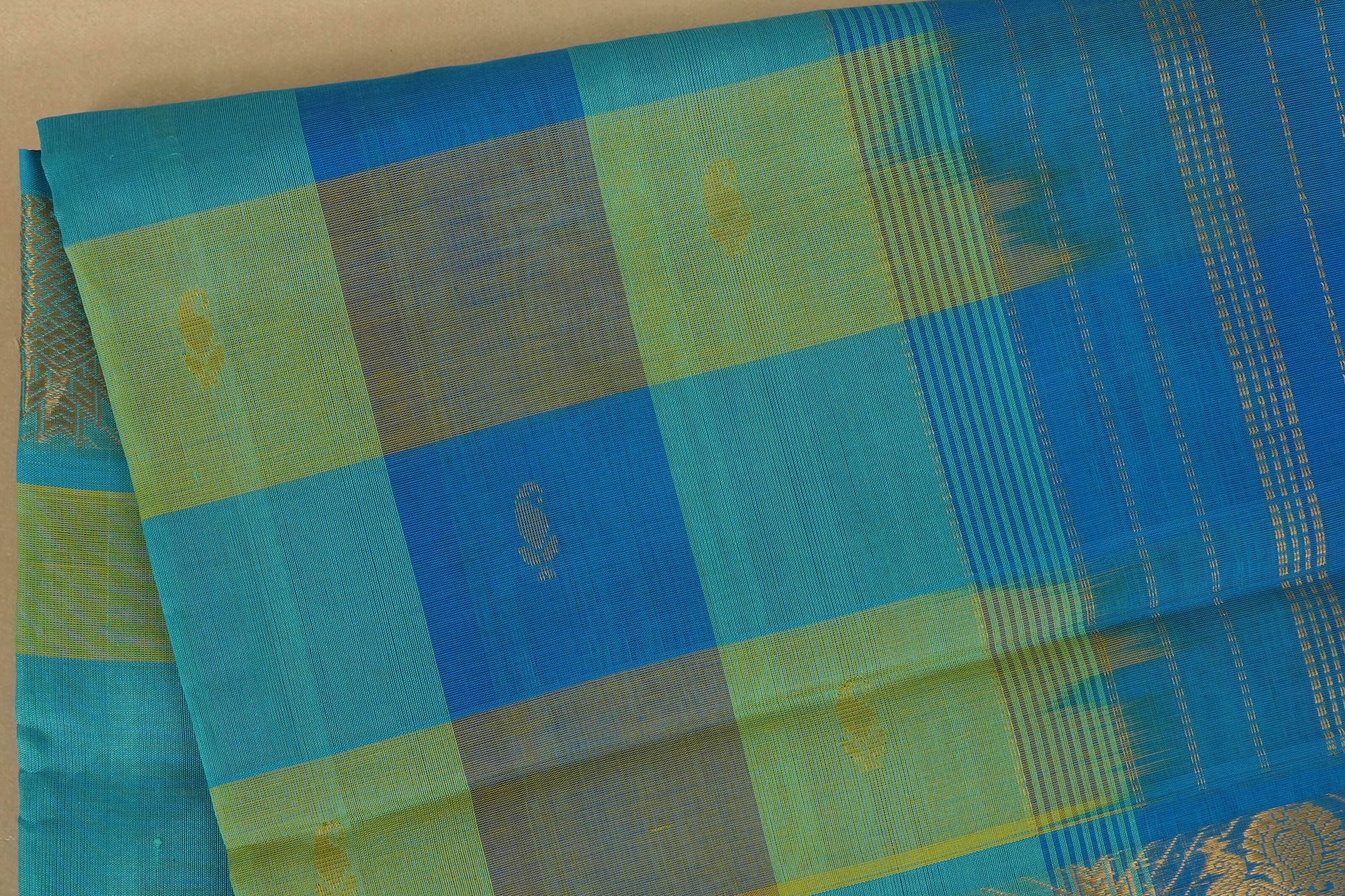 Blue and green checkered saree with a subtle motif, silk cotton , nine and a half yards saree , close up