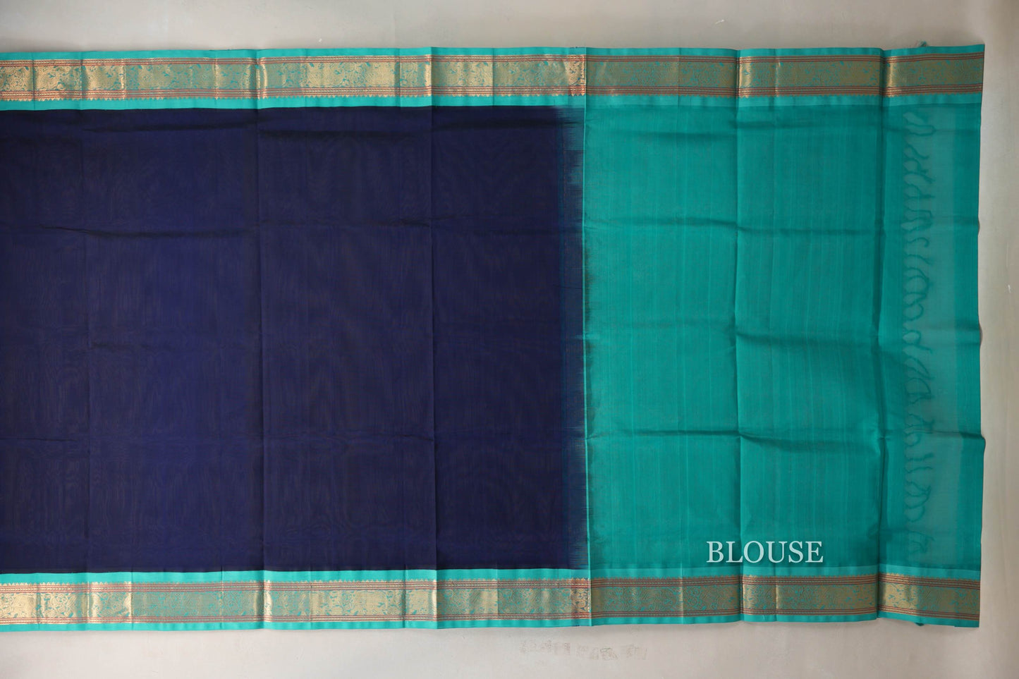 Deep Navy Blue with Aqua Blue Borders Vintage Silk Cotton Saree by Shreenivas Silks PSSR019125